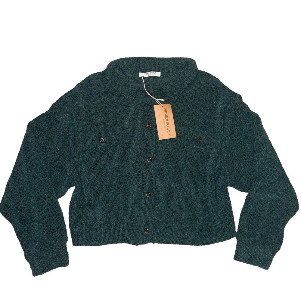 Project Social T Cleo Buttoned Chenille Relaxed Crop Sweater Green Size Med NWT